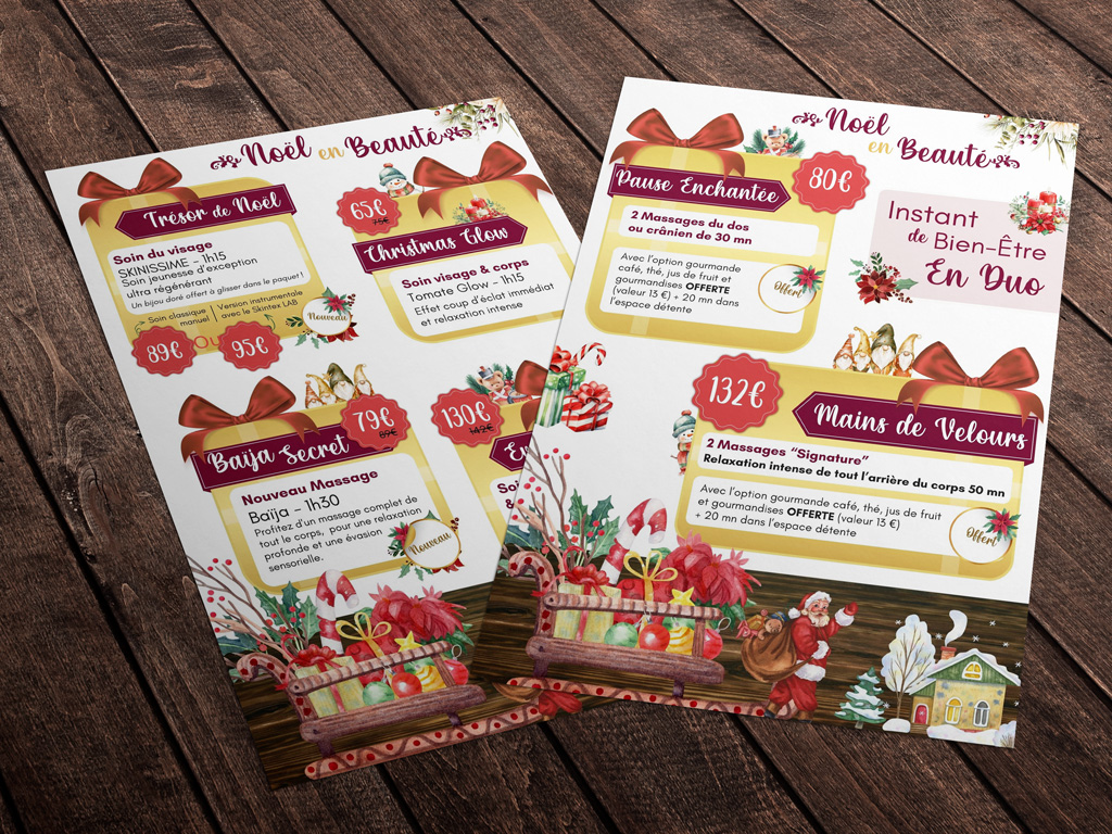 Affiches et flyers de Noël pour un Institut de beauté, l'Institut de Julie à Sacy le Grand