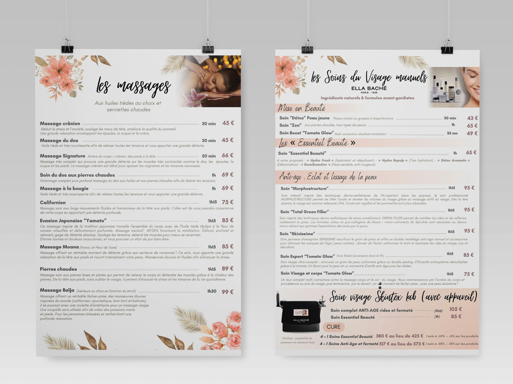 Affiches de tarifs pour un Institut de beauté, l'Institut de Julie à Sacy le Grand