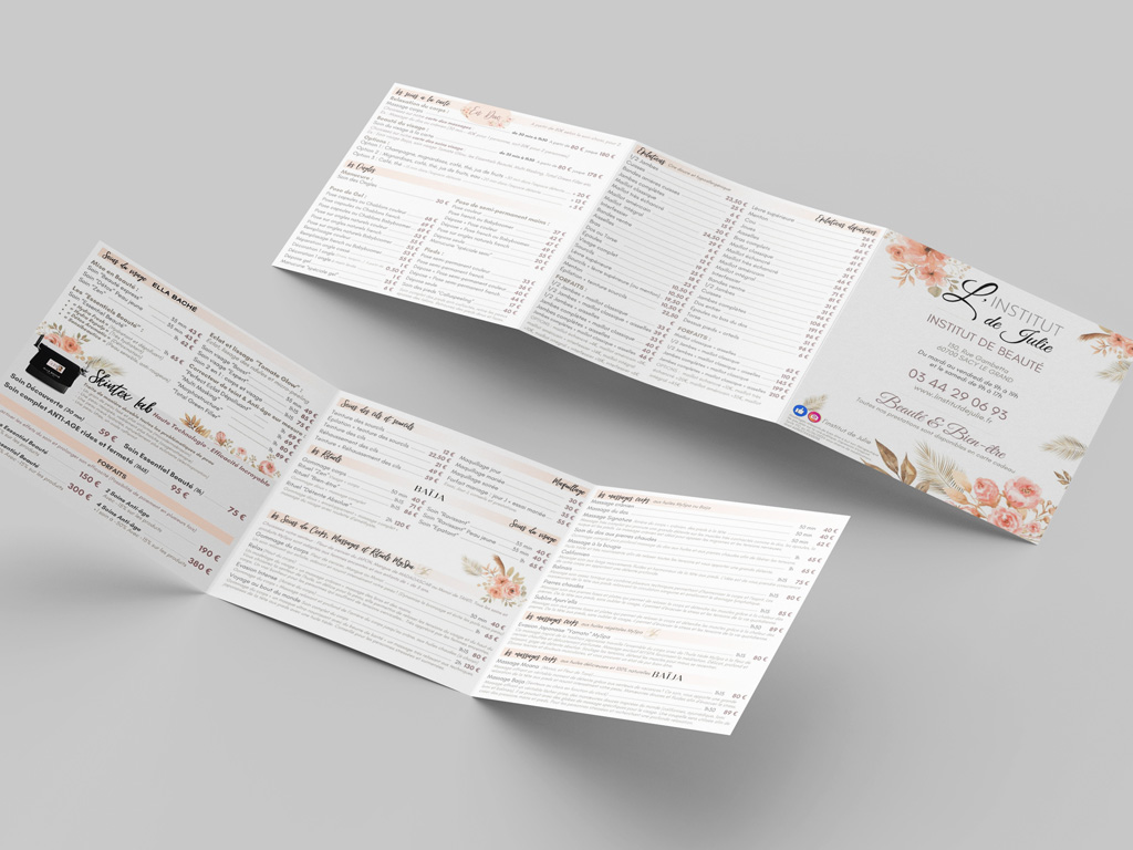 Dépliants de tarifs pour un Institut de beauté, l'Institut de Julie à Sacy le Grand